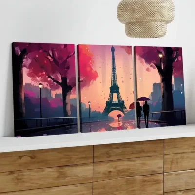 3pcs Eiffel Tower Paris Love Modern Tree Rose Wall Art Set Canvas Framed 50x70cm - High Quality Print 100% Australian Made Wall Canvas Ready to Hang