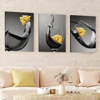 3pcs Abstract Black & Yellow Accents Wine Glass Wall Art Set Canvas Framed 40x60cm - High Quality Print 100% Australian Made Wall Canvas Ready to Hang