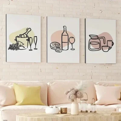 3pcs Line Art Trendy Bar Wine Bottle and Cheese Wall Art Set Canvas Framed 50x70cm - High Quality Print 100% Australian Made Wall Canvas Ready to Hang