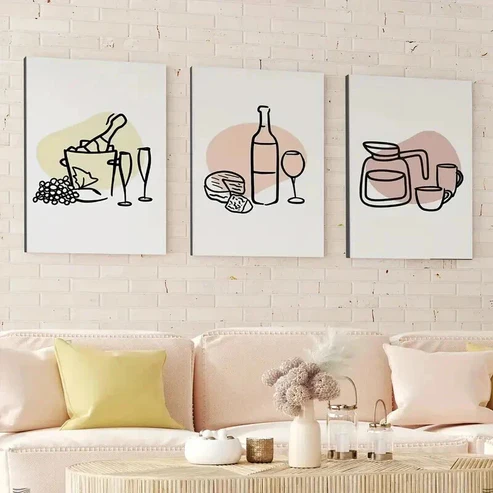 3pcs Line Art Trendy Bar Wine Bottle and Cheese Wall Art Set Canvas Framed 40x60cm – High Quality Print 100% Australian Made Wall Canvas Ready to Hang