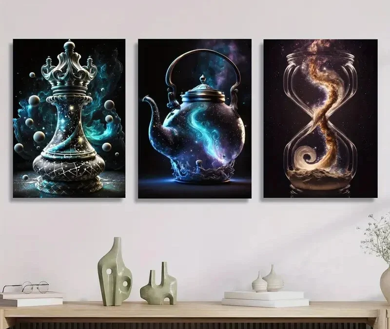 3pcs Fantasy art, magic container chess, teapot Wall Art Set Canvas Framed 50x70cm – High Quality Print 100% Australian Made Wall Canvas Ready to Hang