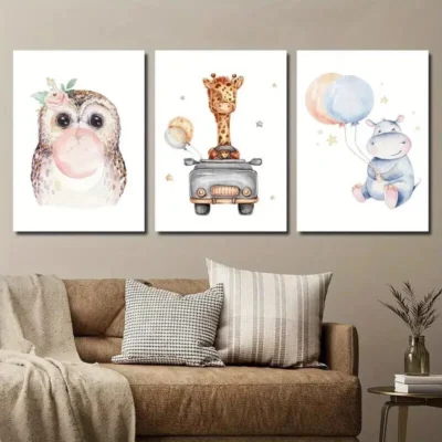 3pcs Cute Owl Car Giraffe and Balloon Hippo Wall Canvas Ready to Hang