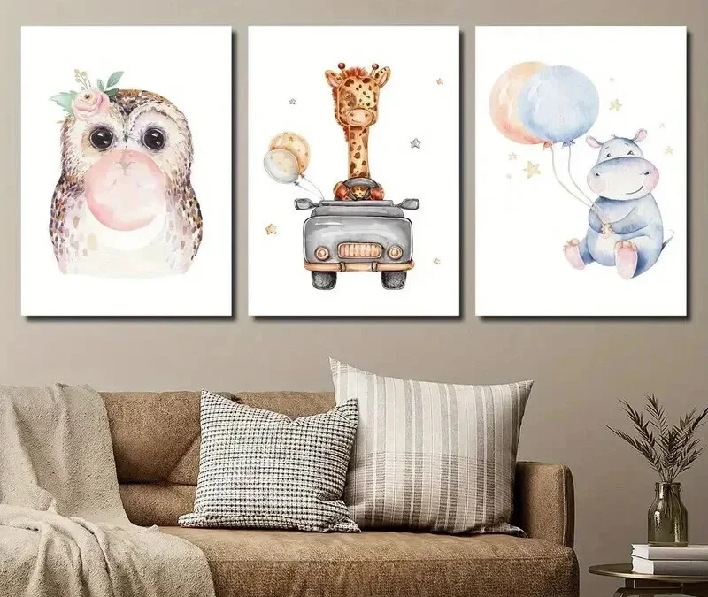 3pcs Cute Owl Car Giraffe and Balloon Hippo Wall Canvas Ready to Hang
