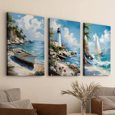 3pcs Beach House Light House Sail Boat Blue Sky Wall Art Set Canvas Framed 40x60cm - High Quality Print 100% Australian Made Wall Canvas Ready to Hang