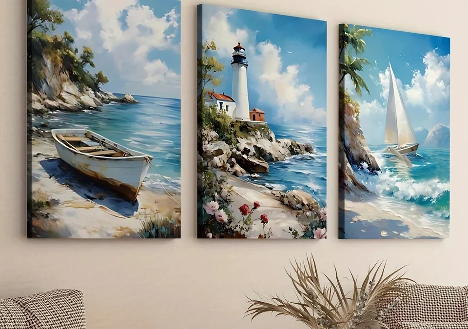 3pcs Beach House Light House Sail Boat Blue Sky Wall Art Set Canvas Framed 40x60cm – High Quality Print 100% Australian Made Wall Canvas Ready to Hang