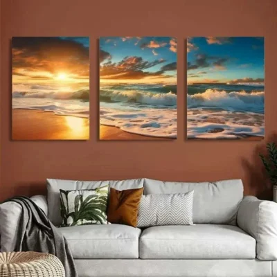 3pcs Ocean Waves & Sandy Shoreline, Modern   Wall Art Set Canvas Framed 40x60cm - High Quality Print 100% Australian Made Wall Canvas Ready to Hang