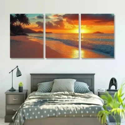 3pcs Classic Palm Tree Beach Sunset Wall Art Set Canvas Framed 40x60cm - High Quality Print 100% Australian Made Wall Canvas Ready to Hang
