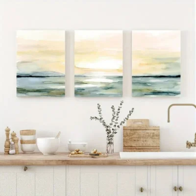 3pcs Sunrise Sunset Beach Ocean Abstract Wall Art Set Canvas Framed 40x60cm - High Quality Print 100% Australian Made Wall Canvas Ready to Hang