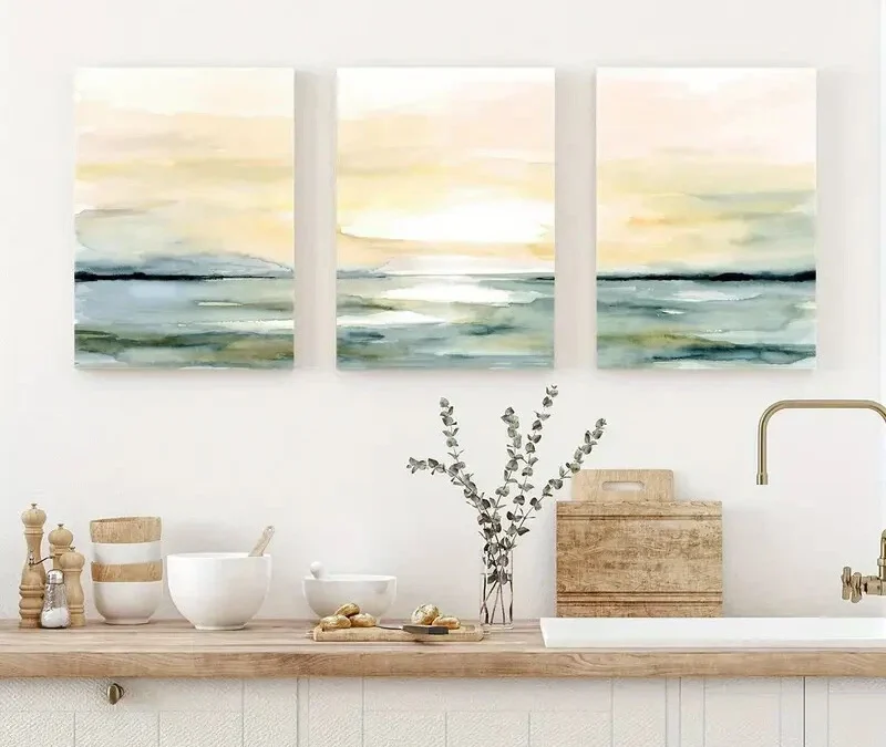 3pcs Sunrise Sunset Beach Ocean Abstract Wall Art Set Canvas Framed 40x60cm – High Quality Print 100% Australian Made Wall Canvas Ready to Hang
