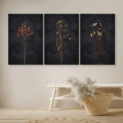 3pcs Dark Dried Wildflower Floral Botanical Wall Art Set Canvas Framed 40x60cm - High Quality Print 100% Australian Made Wall Canvas Ready to Hang