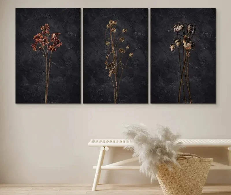 3pcs Dark Dried Wildflower Floral Botanical  Wall Art Set Canvas Framed 50x70cm – High Quality Print 100% Australian Made Wall Canvas Ready to Hang