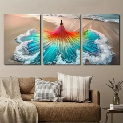 3pcs Beautiful Woman Art in Beach Wave Dressl Wall Art Set Canvas Framed 40x60cm - High Quality Print 100% Australian Made Wall Canvas Ready to Hang