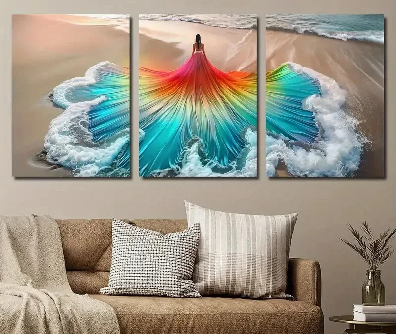 3pcs Beautiful Woman Art in Beach Wave Dressl Wall Art Set Canvas Framed 40x60cm – High Quality Print 100% Australian Made Wall Canvas Ready to Hang