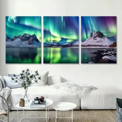 3pcs  Aurora Borealis Mountains Lake Wall Art Set Canvas Framed 40x60cm - High Quality Print 100% Australian Made Wall Canvas Ready to Hang