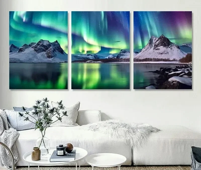 3pcs Aurora Borealis Mountains Lake Wall Art Set Canvas Framed 40x60cm – High Quality Print 100% Australian Made Wall Canvas Ready to Hang