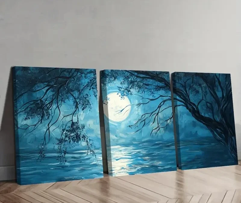 3pcs Blue Landscape with Full Moon & Trees Wall Art Set Canvas Framed 50x70cm – High Quality Print 100% Australian Made Wall Canvas Ready to Hang