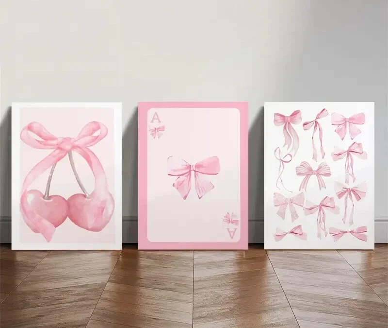 3pcs Trendy Pink Bows Wall Art Set Canvas Framed 40x60cm – High Quality Print 100% Australian Made Wall Canvas Ready to Hang