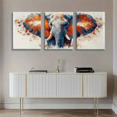 3pcs Vibrant Orange & Blue Elephant Wall Art Set Canvas Framed 40x60cm - High Quality Print 100% Australian Made Wall Canvas Ready to Hang