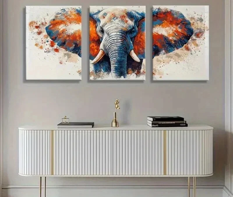 3pcs Vibrant Orange & Blue Elephant Wall Art Set Canvas Framed 40x60cm – High Quality Print 100% Australian Made Wall Canvas Ready to Hang