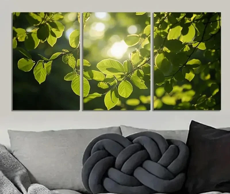 3pcs Vibrant Green Foliage with Golden Sunlight  Wall Art Set Canvas Framed 50x70cm – High Quality Print 100% Australian Made Wall Canvas Ready to Hang