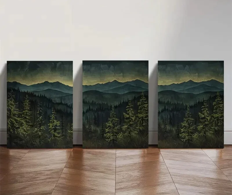 3pcs Dark Forest Mountain Range Triptych Wall Art Set Canvas Framed 50x70cm – High Quality Print 100% Australian Made Wall Canvas Ready to Hang