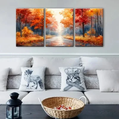 3pcs Vibrant Autumn Park Pathway Wall Art Set Canvas Framed 40x60cm - High Quality Print 100% Australian Made Wall Canvas Ready to Hang