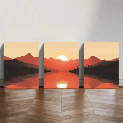 3pcs Warm Mountain Sunrise Wall Art Set Canvas Framed 40x60cm - High Quality Print 100% Australian Made Wall Canvas Ready to Hang