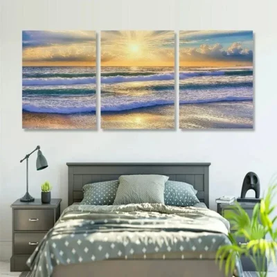 3pcs Modern Sunset Beach Wall Art Set Canvas Framed 40x60cm - High Quality Print 100% Australian Made Wall Canvas Ready to Hang