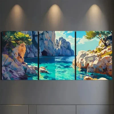 3pcs Vibrant Coastal With Blue Seas & Rocks Wall Art Set Canvas Framed 50x70cm - High Quality Print 100% Australian Made Wall Canvas Ready to Hang