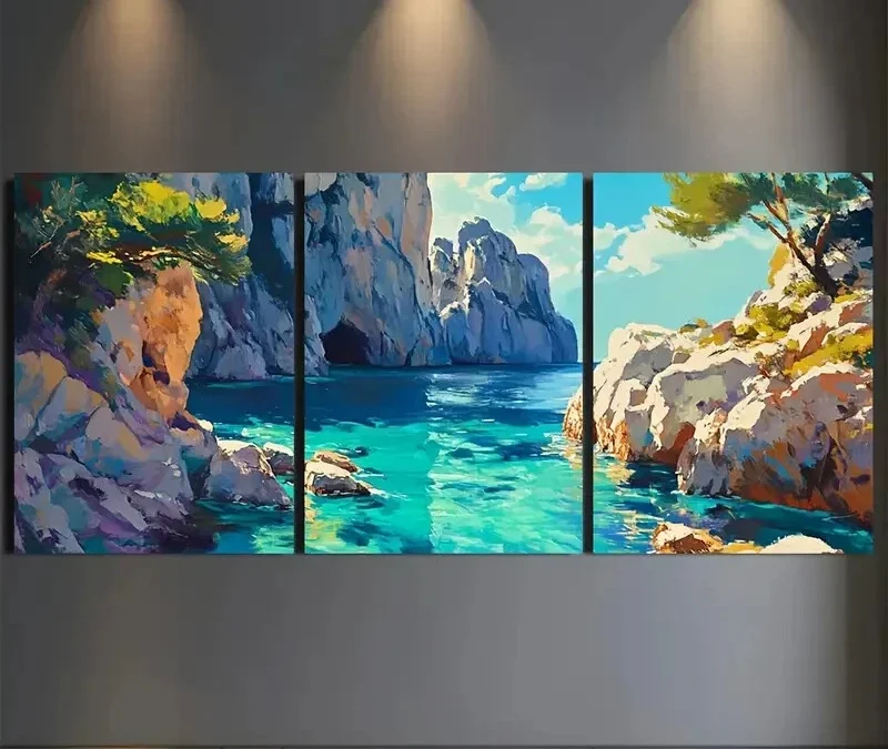 3pcs Vibrant Coastal With Blue Seas & Rocks Wall Art Set Canvas Framed 50x70cm – High Quality Print 100% Australian Made Wall Canvas Ready to Hang