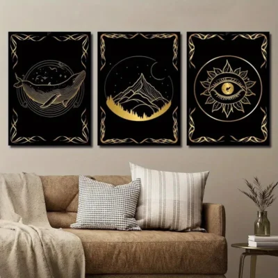 3pcs Black & Golden Whale Eye & Mountain Wall Canvas Ready to Hang