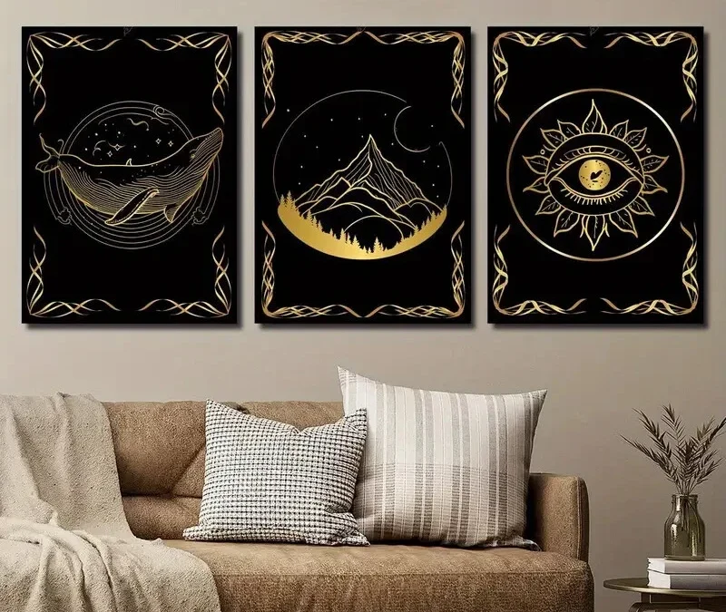 3pcs Black & Golden Whale Eye & Mountain Wall Canvas Ready to Hang