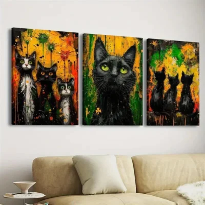 3pcs Vibrant Black Cat Wall Art Set Canvas Framed 40x60cm - High Quality Print 100% Australian Made Wall Canvas Ready to Hang
