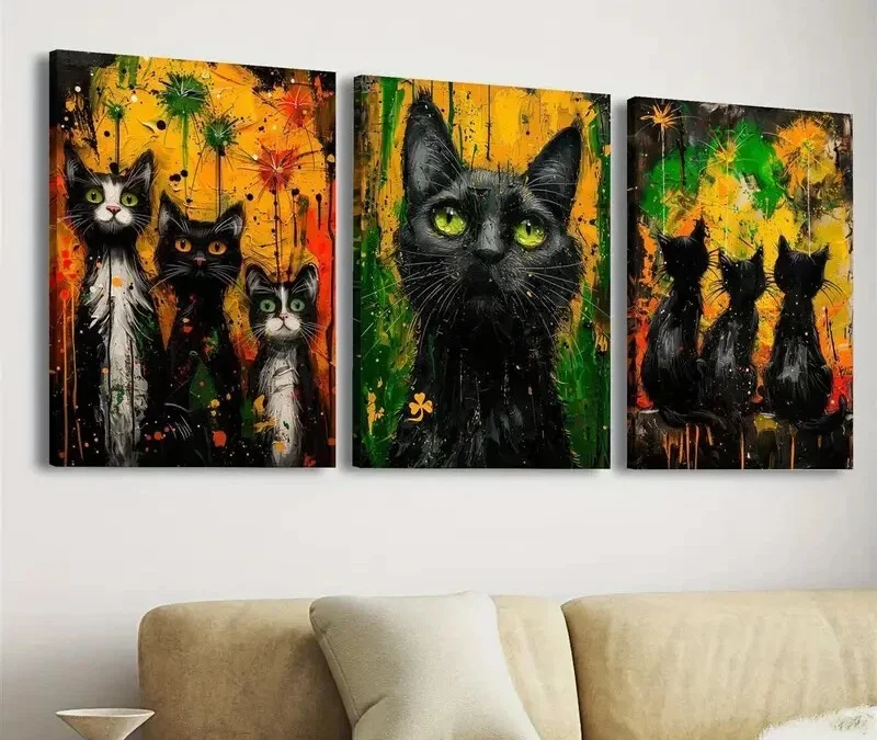 3pcs Vibrant Black Cat Wall Art Set Canvas Framed 40x60cm – High Quality Print 100% Australian Made Wall Canvas Ready to Hang
