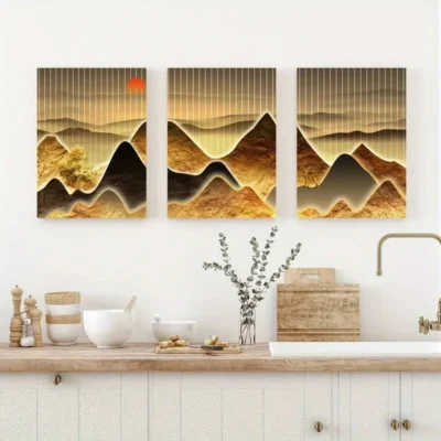 3pcs Golden Mountain Scenery with Sunset  Wall Art Set Canvas Framed 40x60cm - High Quality Print 100% Australian Made Wall Canvas Ready to Hang
