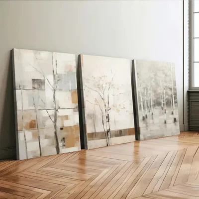 3pcs Nature Autumn Modern Gray Trees White Brown Wall Art Set Canvas Framed 50x70cm - High Quality Print 100% Australian Made Wall Canvas Ready to Hang