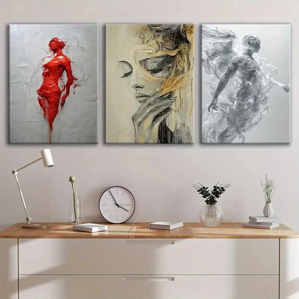 3pcs Abstract Figure Gold Gray Red Ladies White Wall Art Set Canvas Framed 50x70cm – High Quality Print 100% Australian Made Wall Canvas Ready to Hang