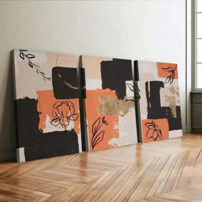 3pcs Orange Abstract Modern Black Line Flower Wall Art Set Canvas Framed 50x70cm - High Quality Print 100% Australian Made Wall Canvas Ready to Hang