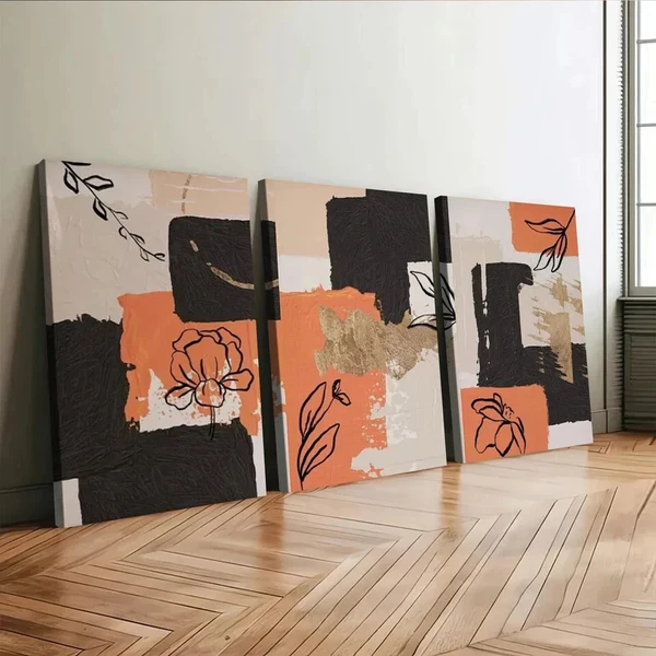 3pcs Orange Abstract Modern Black Line Flower Wall Art Set Canvas Framed 50x70cm – High Quality Print 100% Australian Made Wall Canvas Ready to Hang