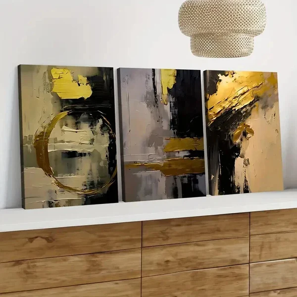 3pcs Golden and Black Abstract Oil Painting Wall Art Set Canvas Framed 50x70cm – High Quality Print 100% Australian Made Wall Canvas Ready to Hang
