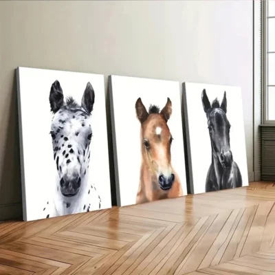 3pcs Chic Horse Modern Animal White Brown Black Wall Art Set Canvas Framed 50x70cm - High Quality Print 100% Australian Made Wall Canvas Ready to Hang