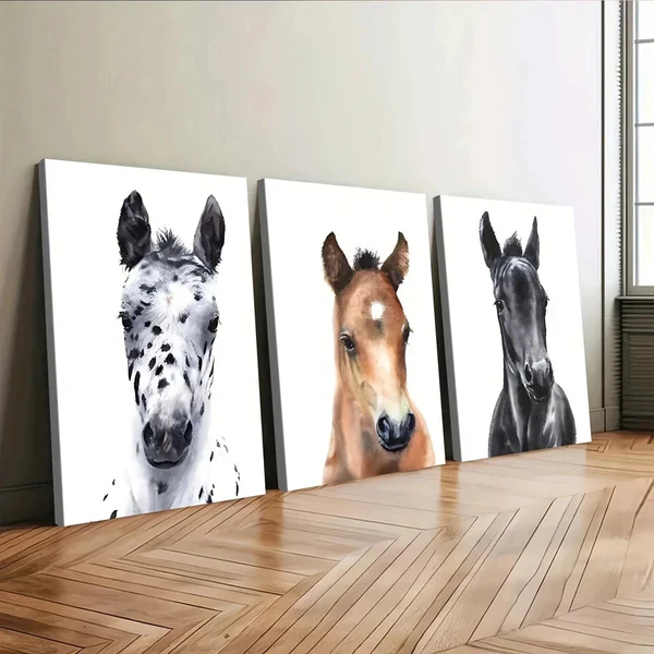 3pcs Chic Horse Modern Animal White Brown Black Wall Art Set Canvas Framed 50x70cm – High Quality Print 100% Australian Made Wall Canvas Ready to Hang