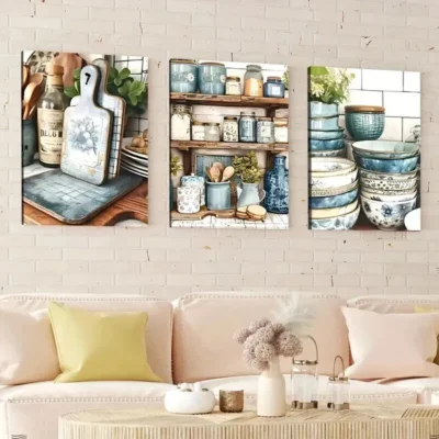 3pcs Modern American Art Deco Style Blue White Wall Art Set Canvas Framed 50x70cm - High Quality Print 100% Australian Made Wall Canvas Ready to Hang