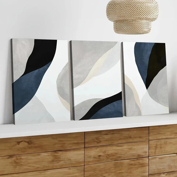 3pcs Abstract Blue Dark Blue White Gray Black Wall Art Set Canvas Framed 50x70cm – High Quality Print 100% Australian Made Wall Canvas Ready to Hang