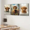 3pcs Highland Cows Blue Sky & White Clouds Brown Wall Art Set Canvas Framed 50x70cm - High Quality Print 100% Australian Made Wall Canvas Ready to Hang - Image 2