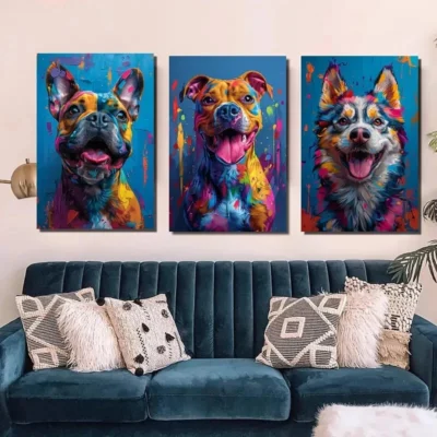 3pcs Animal Themed Modern Dog Wall Art Set Canvas Framed 40x60cm - High Quality Print 100% Australian Made Wall Canvas Ready to Hang