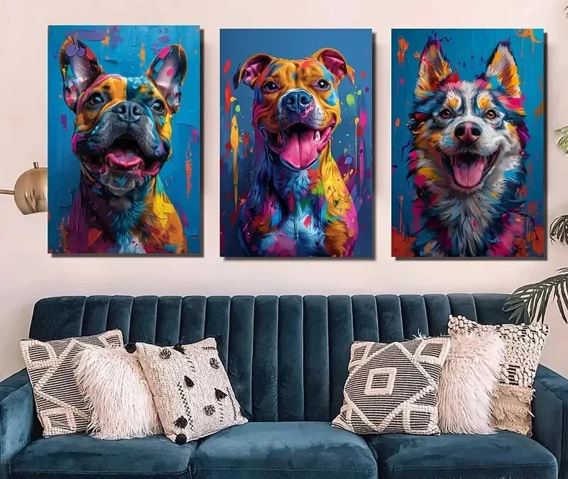 3pcs Animal Themed Modern Dog Wall Art Set Canvas Framed 40x60cm – High Quality Print 100% Australian Made Wall Canvas Ready to Hang