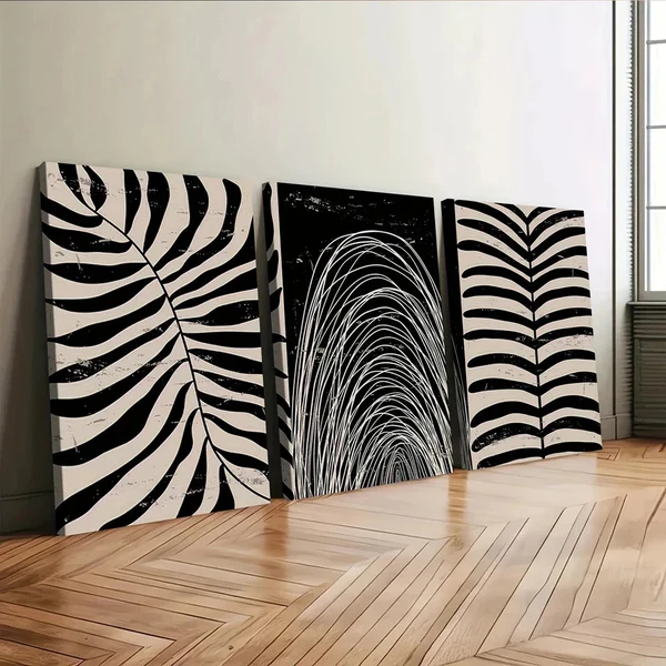 3pcs Abstract Plant Black Leaves White Bohemian Wall Art Set Canvas Framed 50x70cm – High Quality Print 100% Australian Made Wall Canvas Ready to Hang