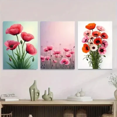 3pcs Poppy Flower Vibrant Pink & Orange Poppy Wall Art Set Canvas Framed 40x60cm - High Quality Print 100% Australian Made Wall Canvas Ready to Hang