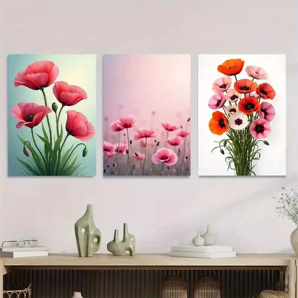 3pcs Poppy Flower Vibrant Pink & Orange Poppy Wall Art Set Canvas Framed 40x60cm – High Quality Print 100% Australian Made Wall Canvas Ready to Hang